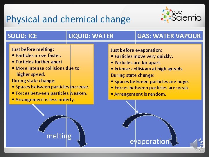 Physical and chemical change SOLID: ICE LIQUID: WATER Just before melting: • Particles move