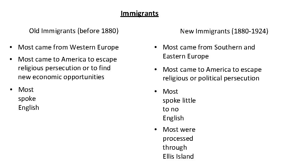 Immigrants Old Immigrants (before 1880) • Most came from Western Europe • Most came