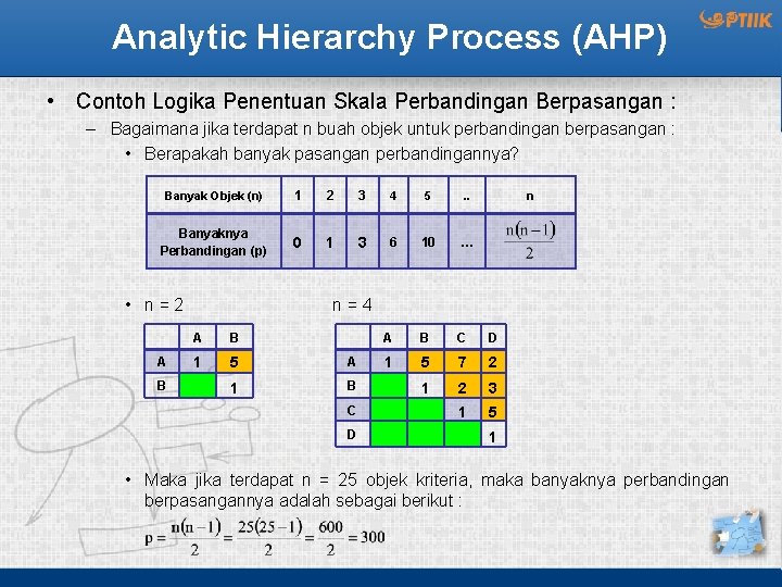 Analytic Hierarchy Process (AHP) • Contoh Logika Penentuan Skala Perbandingan Berpasangan : – Bagaimana