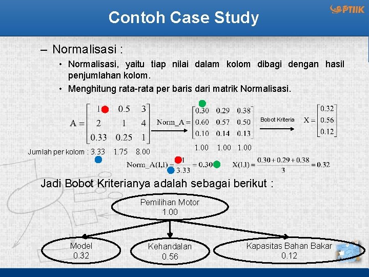Contoh Case Study – Normalisasi : • Normalisasi, yaitu tiap nilai dalam kolom dibagi