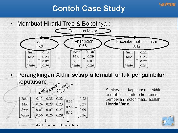 Contoh Case Study • Membuat Hirarki Tree & Bobotnya : Pemilihan Motor Kehandalan 0.