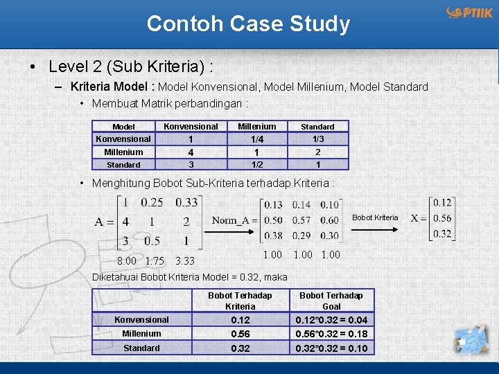 Contoh Case Study • Level 2 (Sub Kriteria) : – Kriteria Model : Model