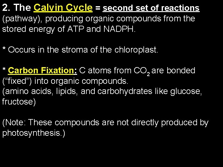 2. The Calvin Cycle = second set of reactions (pathway), producing organic compounds from