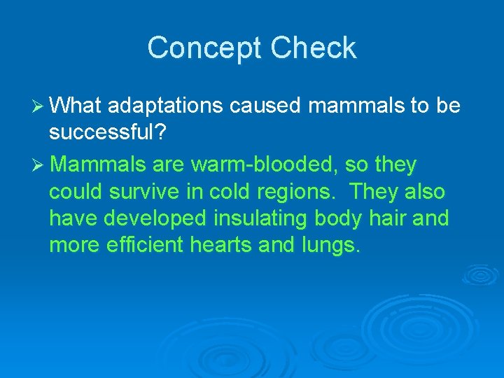Concept Check Ø What adaptations caused mammals to be successful? Ø Mammals are warm-blooded,