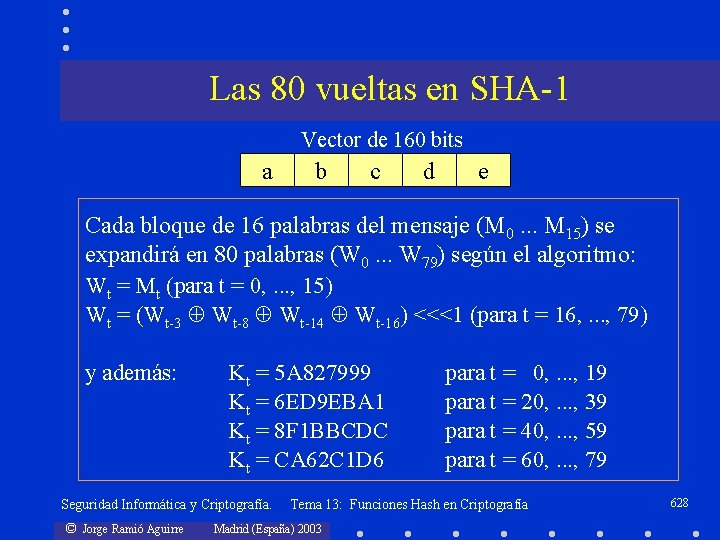 Las 80 vueltas en SHA-1 Vector de 160 bits a b c d e