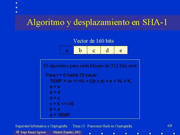 Algoritmo y desplazamiento en SHA-1 Vector de 160 bits a b c d e