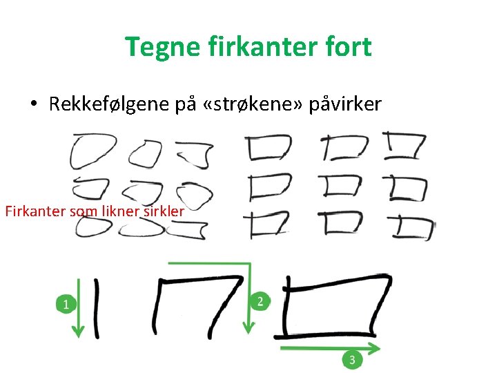 Tegne firkanter fort • Rekkefølgene på «strøkene» påvirker utseende Firkanter som likner sirkler 