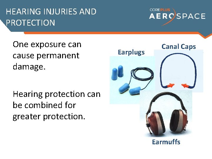 HEARING INJURIES AND PROTECTION One exposure can cause permanent damage. Earplugs Canal Caps Hearing