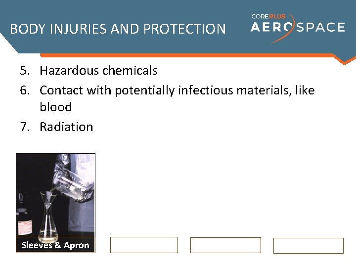 BODY INJURIES AND PROTECTION 5. Hazardous chemicals 6. Contact with potentially infectious materials, like