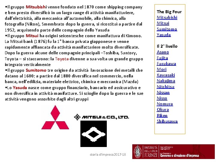  • Il gruppo Mitsubishi Mitsubish venne fondato nel 1870 come shipping company e