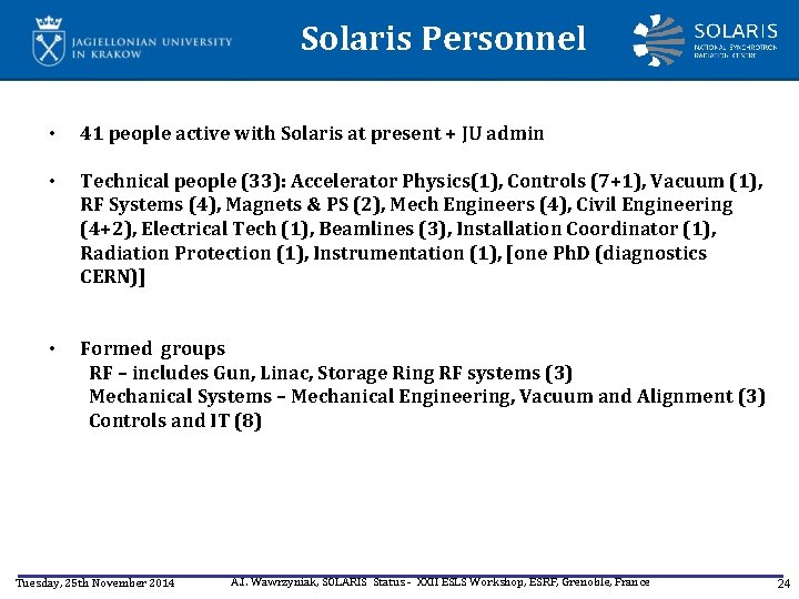 Solaris Personnel • 41 people active with Solaris at present + JU admin •