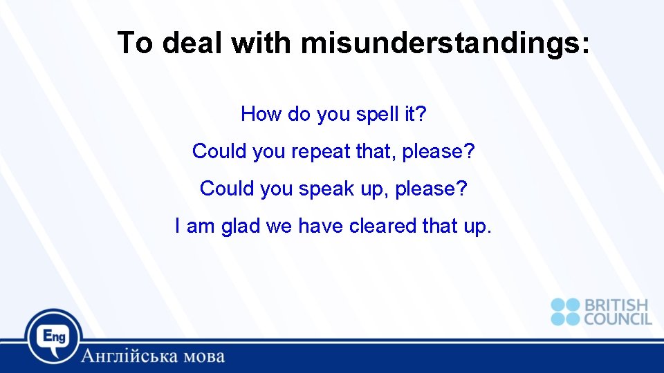 To deal with misunderstandings: How do you spell it? Could you repeat that, please?