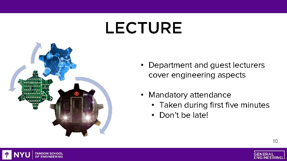 LECTURE • Department and guest lecturers cover engineering aspects • Mandatory attendance • Taken