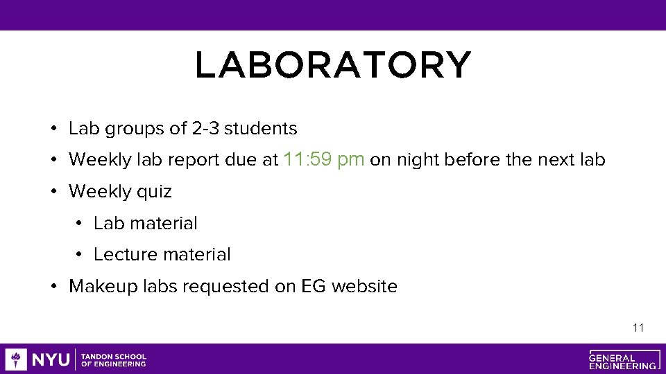 LABORATORY • Lab groups of 2 -3 students • Weekly lab report due at