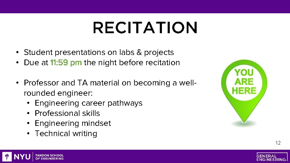 RECITATION • Student presentations on labs & projects • Due at 11: 59 pm