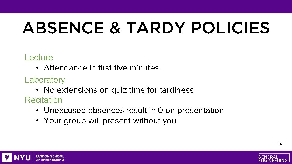 ABSENCE & TARDY POLICIES Lecture • Attendance in first five minutes Laboratory • No