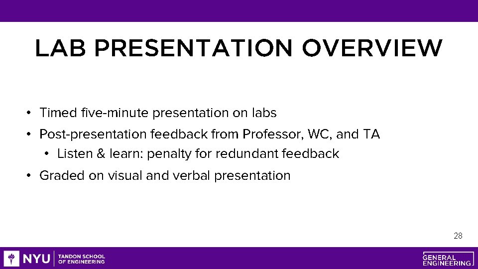 LAB PRESENTATION OVERVIEW • Timed five-minute presentation on labs • Post-presentation feedback from Professor,