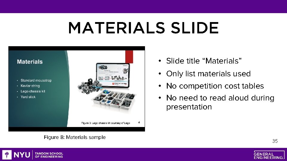MATERIALS SLIDE • Slide title “Materials” • Only list materials used • No competition
