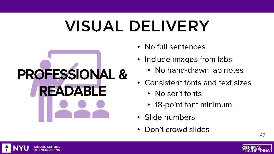 VISUAL DELIVERY • No full sentences PROFESSIONAL & READABLE • Include images from labs