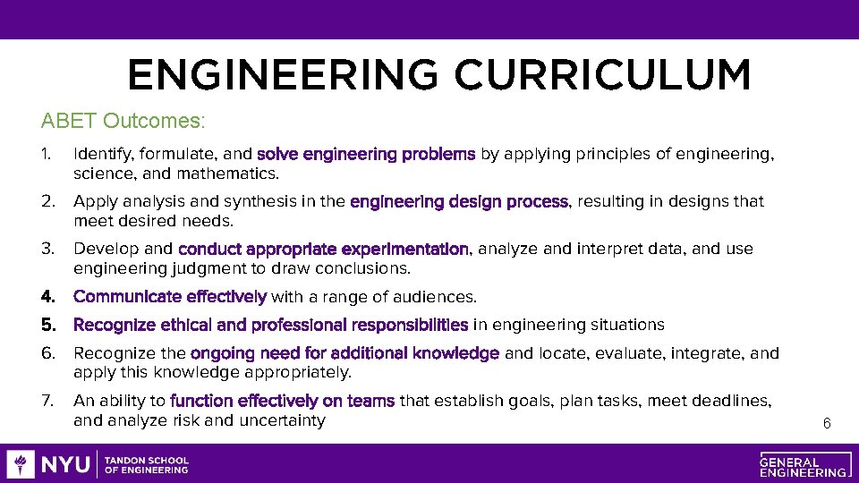 ENGINEERING CURRICULUM ABET Outcomes: 1. Identify, formulate, and solve engineering problems by applying principles