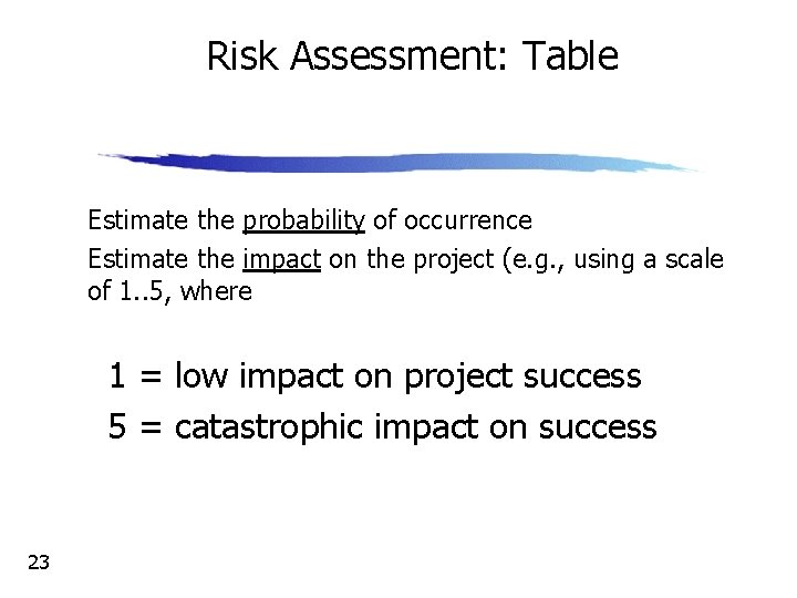 Risk Assessment: Table • Estimate the probability of occurrence • Estimate the impact on