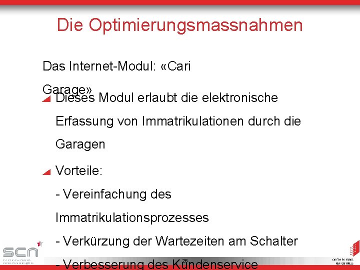 Die Optimierungsmassnahmen Das Internet-Modul: «Cari Garage» Dieses Modul erlaubt die elektronische Erfassung von Immatrikulationen