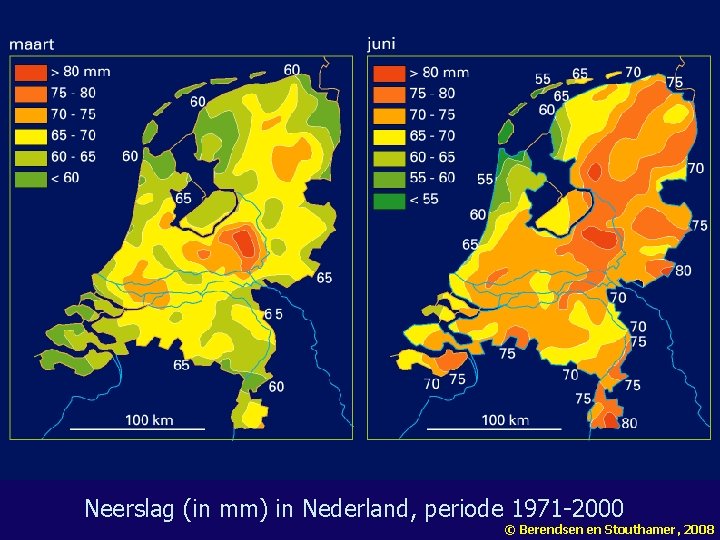 Neerslag (in mm) in Nederland, periode 1971 -2000 © Berendsen en Stouthamer, 2008 