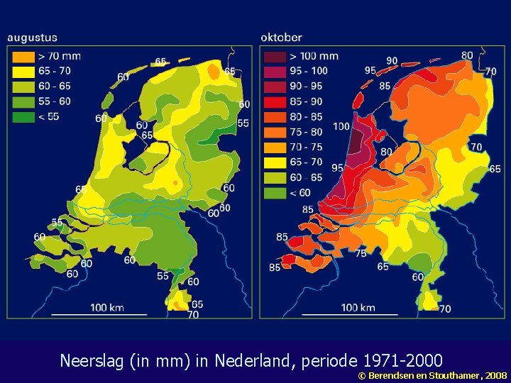 Neerslag (in mm) in Nederland, periode 1971 -2000 © Berendsen en Stouthamer, 2008 