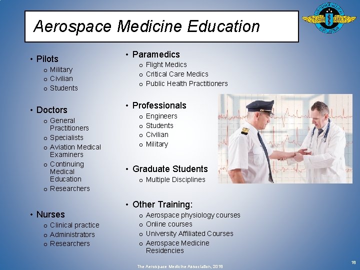 Aerospace Medicine Education • Pilots o Military o Civilian o Students • Doctors o