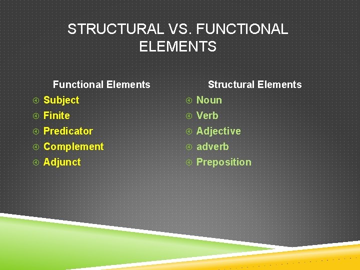 STRUCTURAL VS. FUNCTIONAL ELEMENTS Functional Elements Structural Elements Subject Noun Finite Verb Predicator Adjective