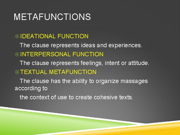 METAFUNCTIONS IDEATIONAL FUNCTION The clause represents ideas and experiences. INTERPERSONAL FUNCTION The clause represents