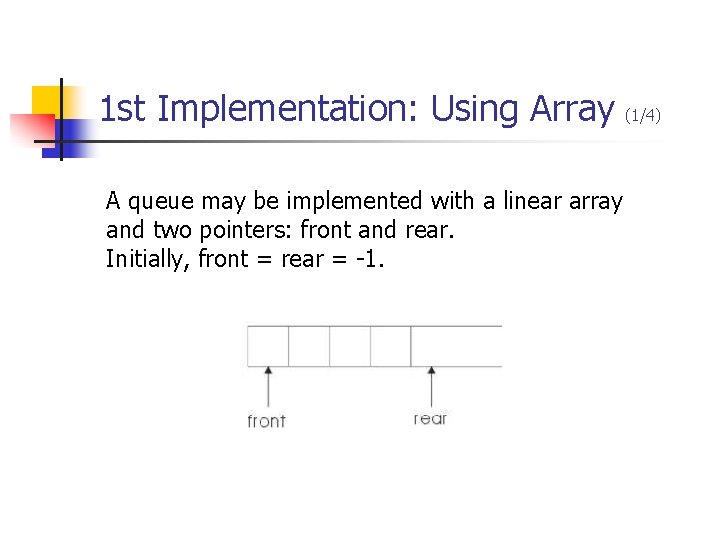 1 st Implementation: Using Array (1/4) A queue may be implemented with a linear 1 st Implementation: Using Array (1/4) A queue may be implemented with a linear