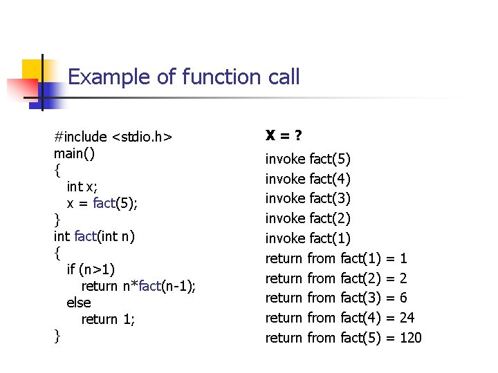 Example of function call #include <stdio. h> main() { int x; x = fact(5); Example of function call #include <stdio. h> main() { int x; x = fact(5);