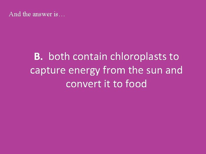 And the answer is… B. both contain chloroplasts to capture energy from the sun