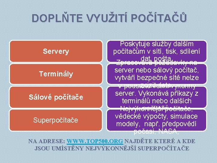 DOPLŇTE VYUŽITÍ POČÍTAČŮ Servery Terminály Sálové počítače Superpočítače Poskytuje služby dalším počítačům v sítí,