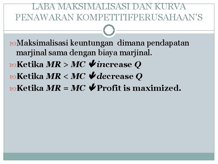 LABA MAKSIMALISASI DAN KURVA PENAWARAN KOMPETITIFPERUSAHAAN'S Maksimalisasi keuntungan dimana pendapatan marjinal sama dengan biaya