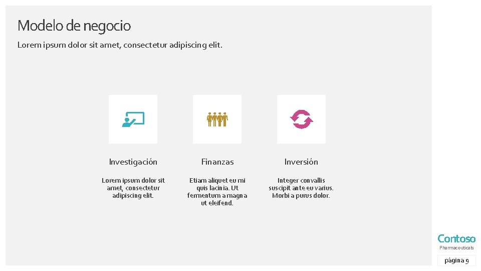 Modelo de negocio Lorem ipsum dolor sit amet, consectetur adipiscing elit. Investigación Finanzas Inversión