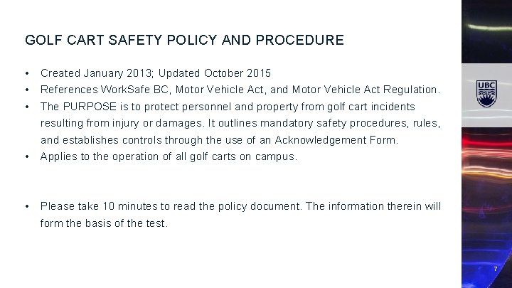 GOLF CART SAFETY POLICY AND PROCEDURE • Created January 2013; Updated October 2015 •