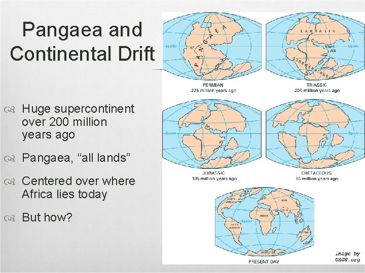 Pangaea and Continental Drift Huge supercontinent over 200 million years ago Pangaea, “all lands”