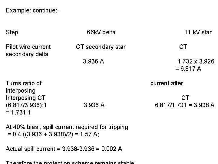 Example: continue: Step Pilot wire current secondary delta 66 k. V delta CT secondary