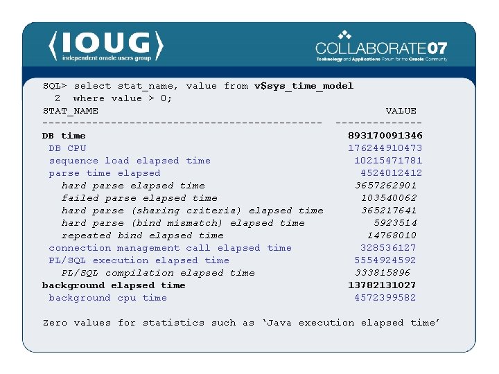 SQL> select stat_name, value from v$sys_time_model 2 where value > 0; STAT_NAME VALUE -----------------------DB