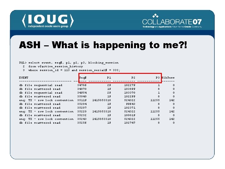 ASH – What is happening to me? ! SQL> select event, seq#, p 1,