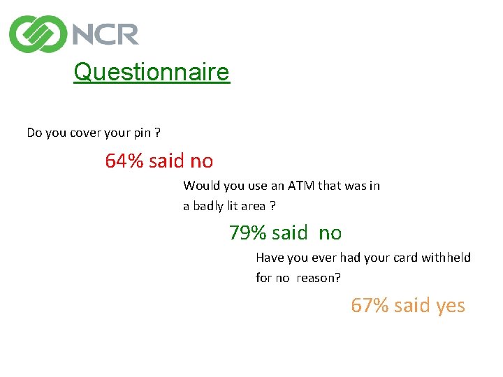 Questionnaire Do you cover your pin ? 64% said no Would you use an