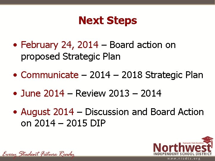 Next Steps • February 24, 2014 – Board action on proposed Strategic Plan •