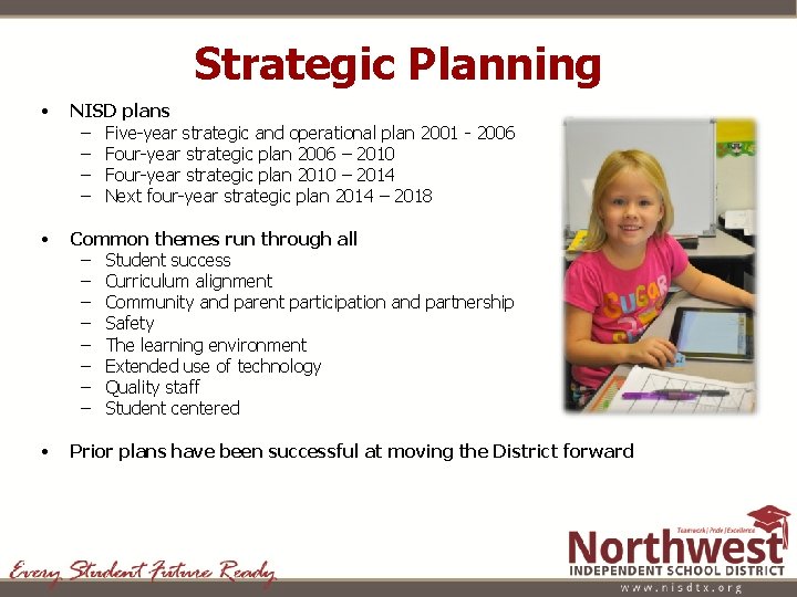 Strategic Planning • NISD plans – Five-year strategic and operational plan 2001 - 2006