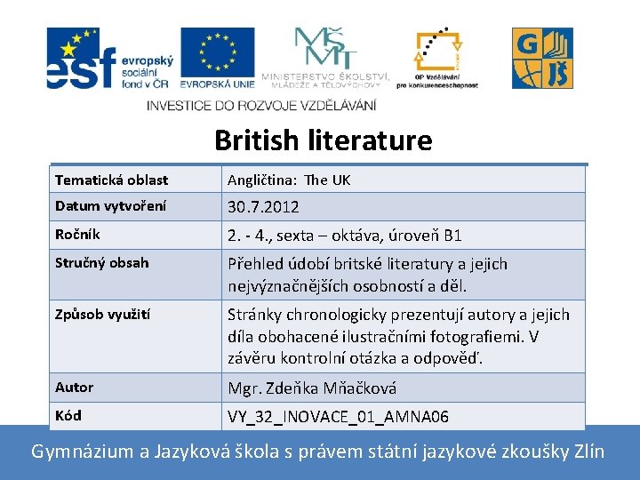 British literature Tematická oblast Angličtina: The UK Datum vytvoření 30. 7. 2012 Ročník 2.