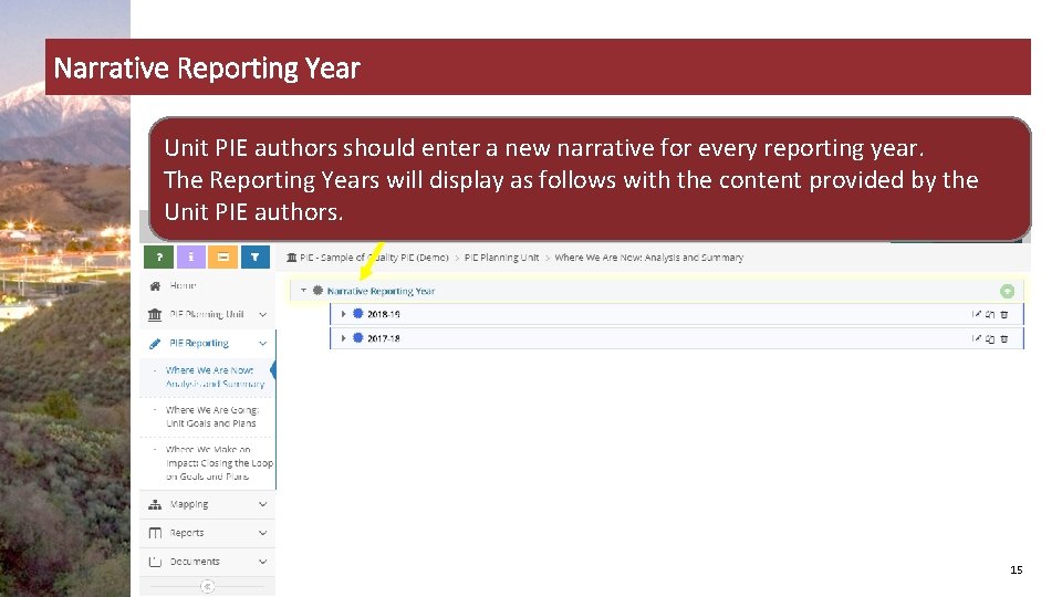 Narrative Reporting Year Unit PIE authors should enter a new narrative for every reporting