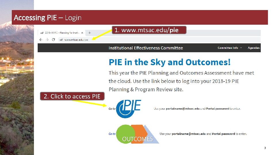 Accessing PIE – Login 1. www. mtsac. edu/pie 2. Click to access PIE 3