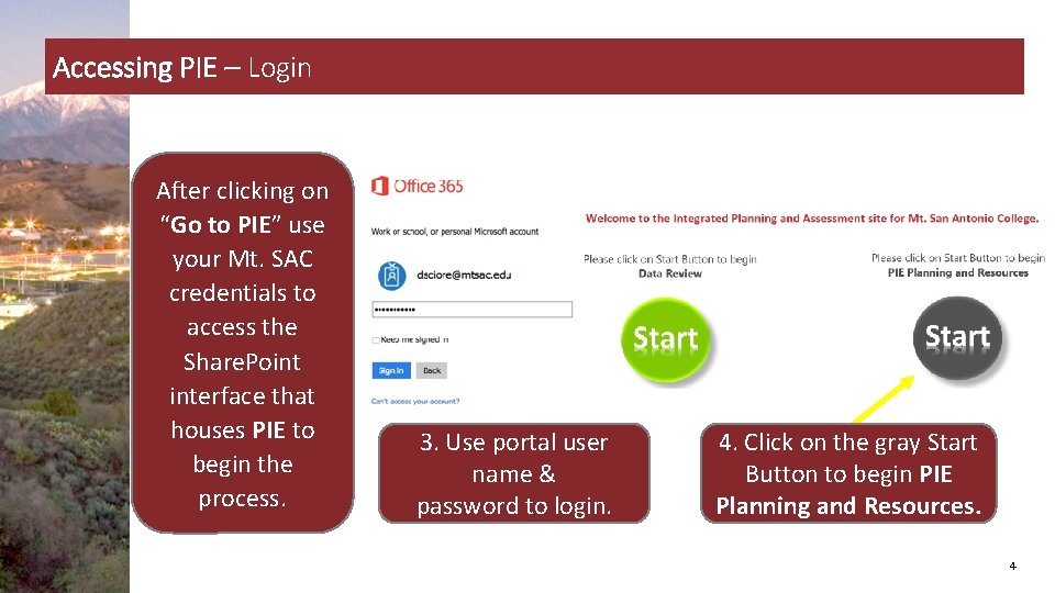 Accessing PIE – Login After clicking on “Go to PIE” use your Mt. SAC