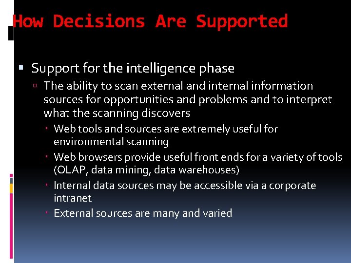 How Decisions Are Supported Support for the intelligence phase The ability to scan external